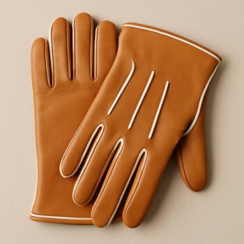 Tan Leather Gloves with White Piping